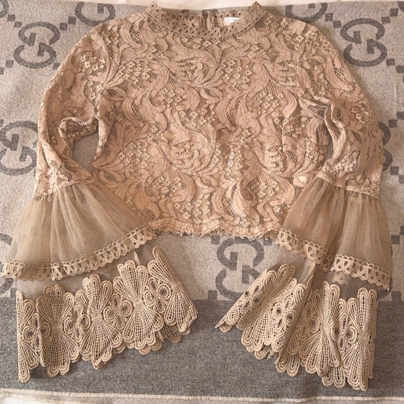 Revamped Lace Bell Sleeve Blouse in Tan - Picture 2 of 10